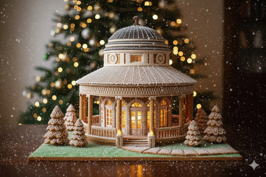 Ein kunstvoll gestaltetes Lebkuchen-Teehaus mit leuchtenden Fenstern, umgeben von Lebkuchenbäumen. Im Hintergrund ein verschwommener Weihnachtsbaum., © StadtPalais Museum für Stuttgart