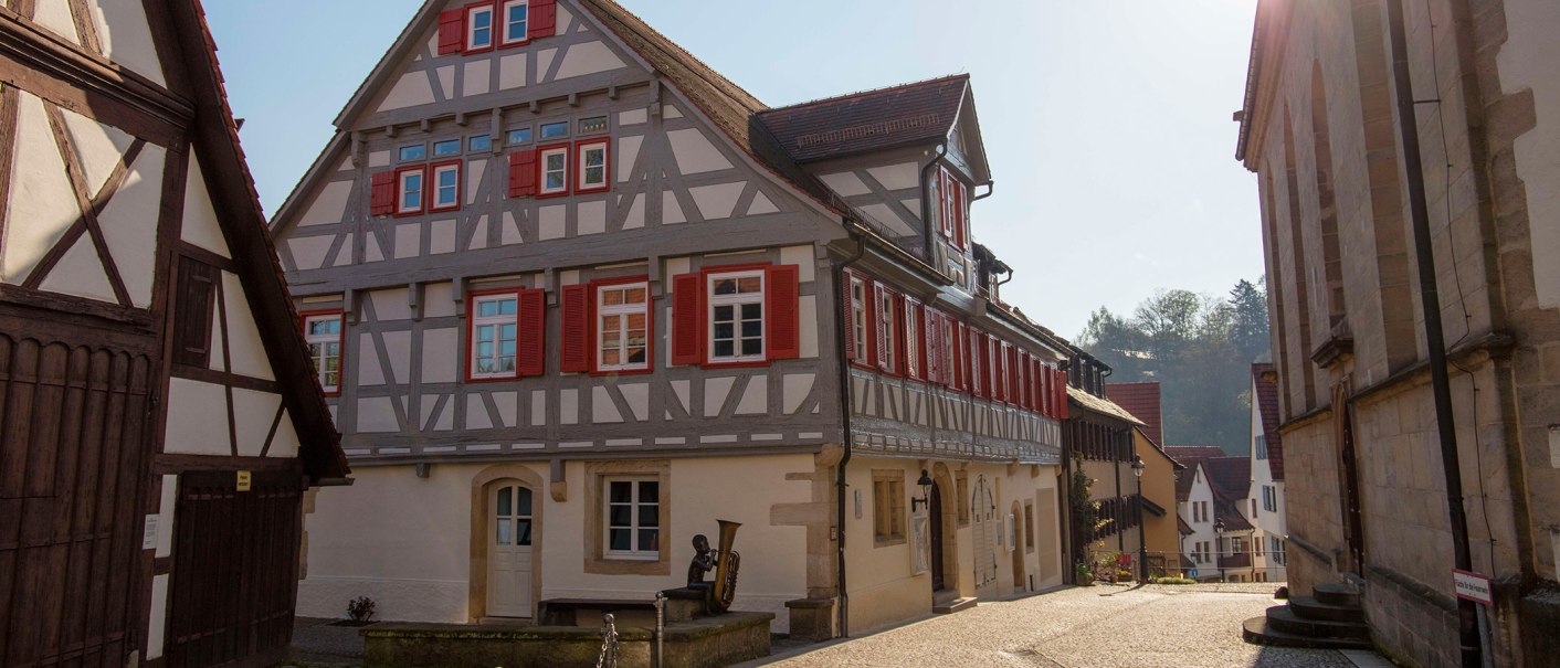 Half-timbered houses in Waldenbuch with red shutters, sunny day, narrow alley, historic architecture., © Stuttgart-Marketing GmbH, Achim Mende