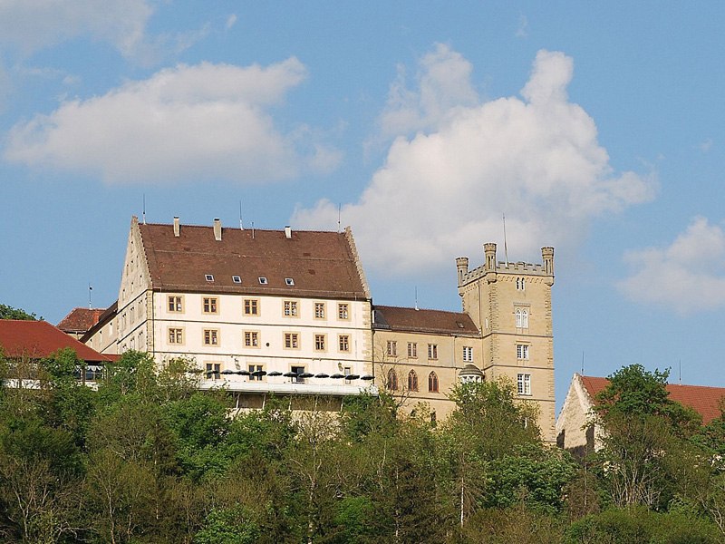 Weitenburg Castle towers majestically above green trees, with a clear blue sky and white clouds in the background., © Hotel & Restaurant Schloss Weitenburg