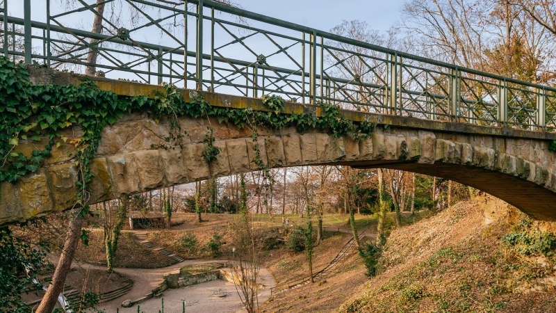 Steinbrücke mit Efeu bewachsen, darunter ein Weg in einem herbstlichen Park mit kahlen Bäumen und vereinzelten Sträuchern., © Thomas Niedermüller Steinbrücke mit Efeu bewachsen, darunter ein Weg in einem herbstlichen Park mit kahlen Bäumen und vereinzelten Sträuchern., © Thomas Niedermüller