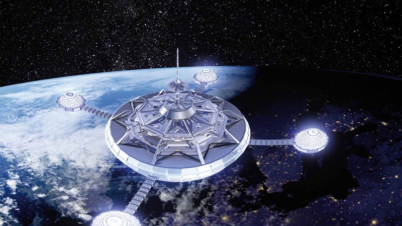 Futuristische Raumstation &uuml;ber der Erde, verbunden durch Br&uuml;cken. Leuchtende Strukturen und ein Sternenhimmel im Hintergrund., &copy; Planetarium Stuttgart