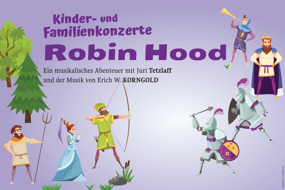 Illustration von Robin Hood mit Pfeil und Bogen, Rittern, einem König und weiteren Figuren auf lila Hintergrund., © Stuttgarter Philharmoniker