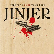 Plakat f&uuml;r die JINJER European Du&eacute;l Tour 2026 mit Patronen und roten Blutspritzern auf beigem Hintergrund., &copy; links im Bild