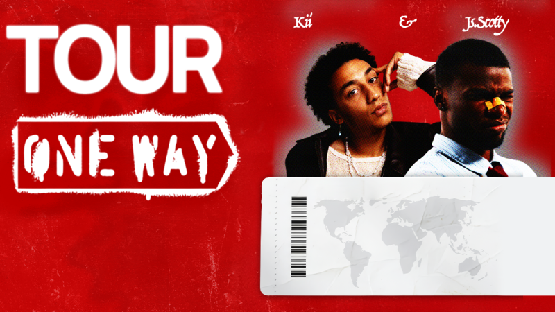 Plakat zur One Way Tour 2026 von JS.Scotty und KII. Zwei Personen posieren vor rotem Hintergrund mit Weltkarte und Barcode unten., © links im Bild Plakat zur One Way Tour 2026 von JS.Scotty und KII. Zwei Personen posieren vor rotem Hintergrund mit Weltkarte und Barcode unten., © links im Bild