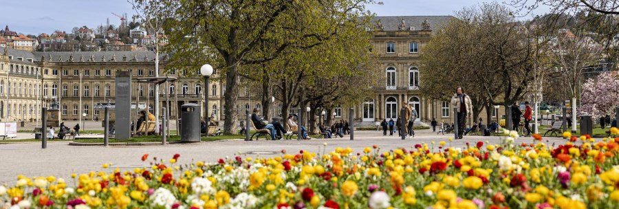 Bunte Blumen im Vordergrund, Menschen auf B&auml;nken und Spazierg&auml;nger auf dem Schlossplatz in Stuttgart. Historische Geb&auml;ude und B&auml;ume im Hintergrund., &copy; Stuttgart Marketing GmbH, Sarah Schmid