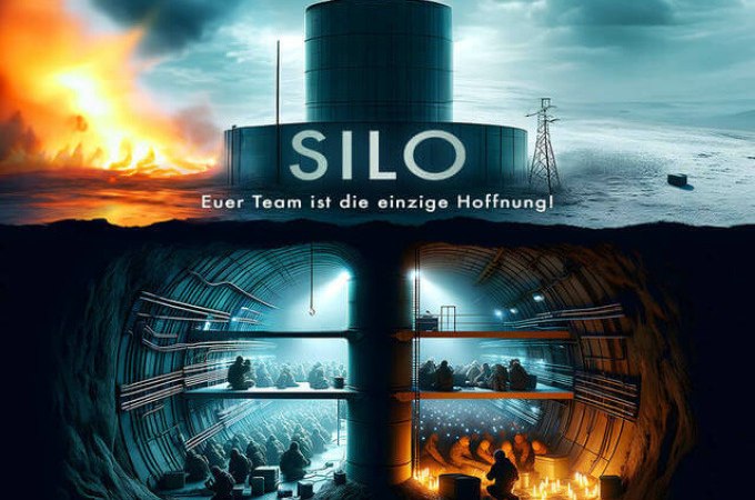 A silo in an apocalyptic landscape. Beneath it, people in underground levels. Text: "Your team is the only hope!", &copy; TeamEscape Stuttgart