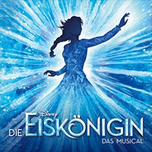 Silhouette einer Frau vor einem blauen, eisigen Hintergrund. Text: 'Disneys DIE EISKÖNIGIN - Das Musical'., © links im Bild Silhouette einer Frau vor einem blauen, eisigen Hintergrund. Text: 'Disneys DIE EISKÖNIGIN - Das Musical'., © links im Bild