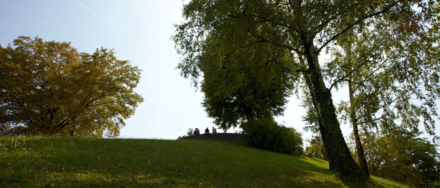 Green meadow in Weissenburgpark Stuttgart, surrounded by trees. People are sitting on a hill in the background., © Stuttgart-Marketing GmbH Christoph Düpper