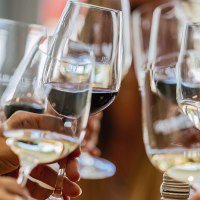 Several hands hold wine glasses and clink glasses. The glasses contain red and white wine. Cheerful atmosphere on a wine tour., © SMG, Thomas Niedermüller