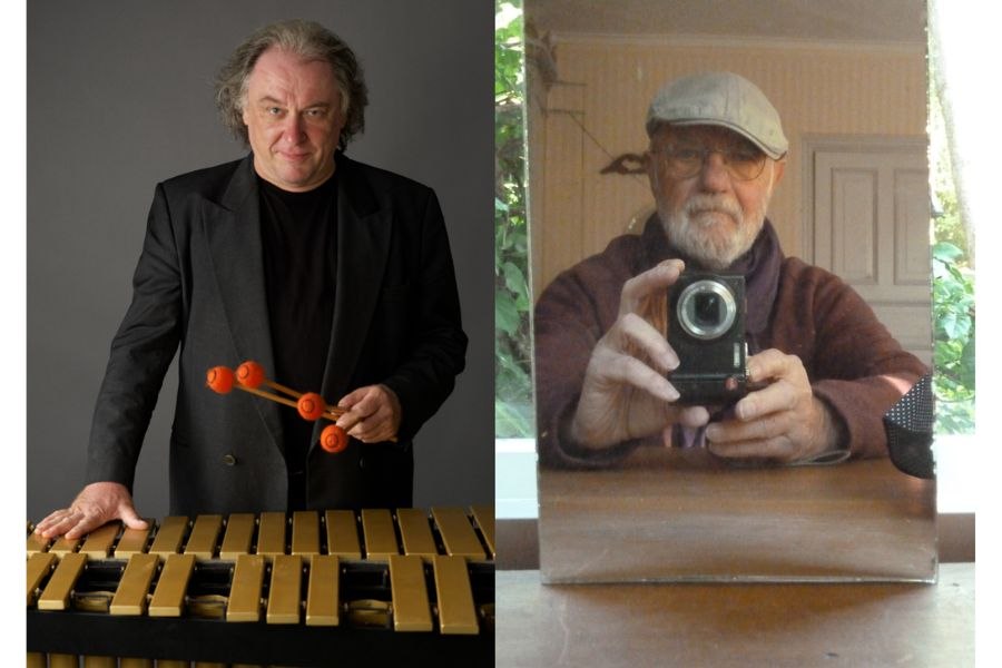 Links ein Mann mit Vibraphon, rechts ein Mann, der ein Selfie im Spiegel macht. Beide wirken konzentriert., &copy; Th.Ceska & P.Schlack