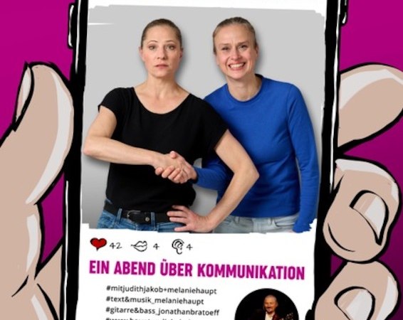 Zwei Frauen auf einem Handybildschirm, eine ernst, die andere l&auml;chelnd. Text: 'Ich verstehe was, was du nicht sagst'. Werbung f&uuml;r ein Kabarett-Theater., &copy; Renitenztheater Stuttgart e.V.
