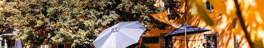 People enjoy the sunny weather in an outdoor caf&eacute;, surrounded by trees and parasols. A relaxed atmosphere prevails., &copy; SMG Stuttgart Marketing GmbH - Sarah Schmid