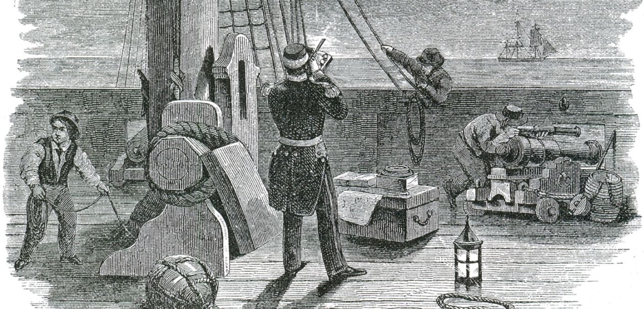 Seeleute auf einem Schiff bei der Arbeit mit nautischen Instrumenten. Ein Mann benutzt ein Sextant, w&auml;hrend andere mit Seilen und Kanonen besch&auml;ftigt sind., &copy; Huettermann