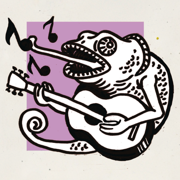 Ein Chamäleon spielt Gitarre und singt, während Musiknoten um es herum schweben. Der Hintergrund ist lila., © Feierabendkollektiv