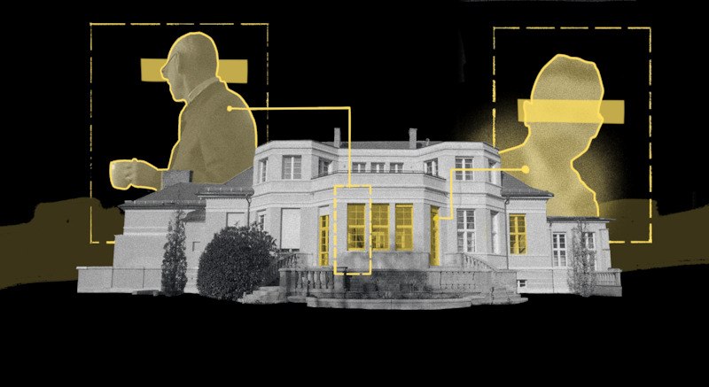 A house in the foreground with two yellow silhouettes of people in the background, connected by lines. The background is black., © Theaterhaus Stuttgart e.V. A house in the foreground with two yellow silhouettes of people in the background, connected by lines. The background is black., © Theaterhaus Stuttgart e.V.