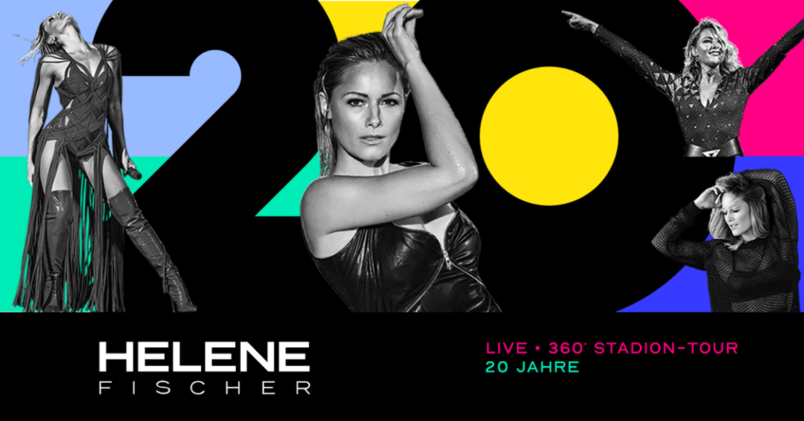 Werbeposter f&uuml;r Helene Fischers 360&deg; Stadion-Tour 2026. Mehrere Bilder der S&auml;ngerin vor einem bunten Hintergrund mit dem Schriftzug '20 Jahre'., &copy; links im Bild