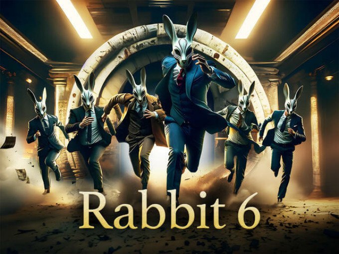 Sechs Männer in Anzügen mit Hasenmasken rennen dynamisch durch einen beleuchteten Tunnel. Der Schriftzug 'Rabbit 6' ist im Vordergrund zu sehen., © TeamEscape Stuttgart