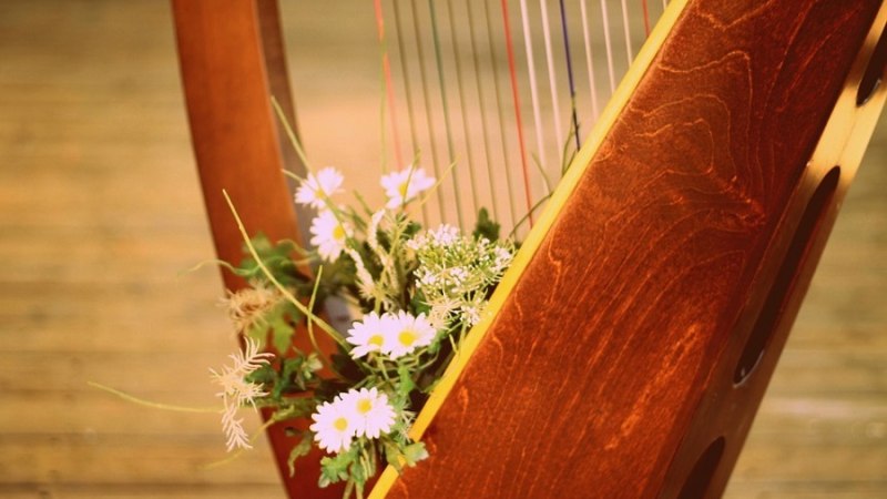 Eine Harfe, geschm&uuml;ckt mit wei&szlig;en und rosa Blumen, steht auf einem Holzboden. Die Saiten der Harfe sind sichtbar., &copy; Pixabay