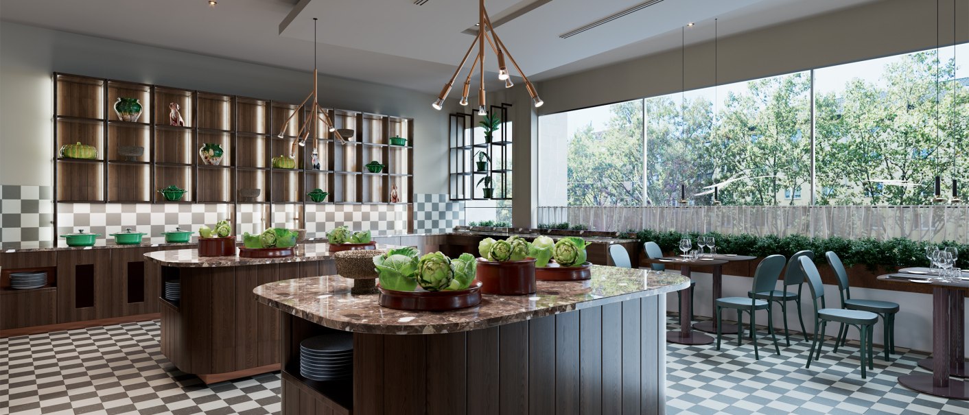 Elegantes Buffet mit Marmortischen, grünen Dekorationen und großen Fenstern, die viel Licht hereinlassen. Der Raum hat ein modernes Design mit kariertem Boden., © Scandic Hotels Elegantes Buffet mit Marmortischen, grünen Dekorationen und großen Fenstern, die viel Licht hereinlassen. Der Raum hat ein modernes Design mit kariertem Boden., © Scandic Hotels