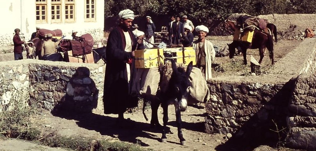 M&auml;nner f&uuml;hren beladene Esel und Pferde durch ein Dorf. Die Szene stammt aus der Stuttgarter Badakhshan-Expedition von 1962., &copy; Kr&auml;mer