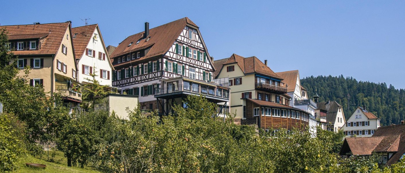 Half-timbered houses in Bad Liebenzell in front of a wooded hill. The buildings have red tiled roofs and are surrounded by green trees., © Stuttgart-Marketing GmbH, Sarah Schmid Half-timbered houses in Bad Liebenzell in front of a wooded hill. The buildings have red tiled roofs and are surrounded by green trees., © Stuttgart-Marketing GmbH, Sarah Schmid