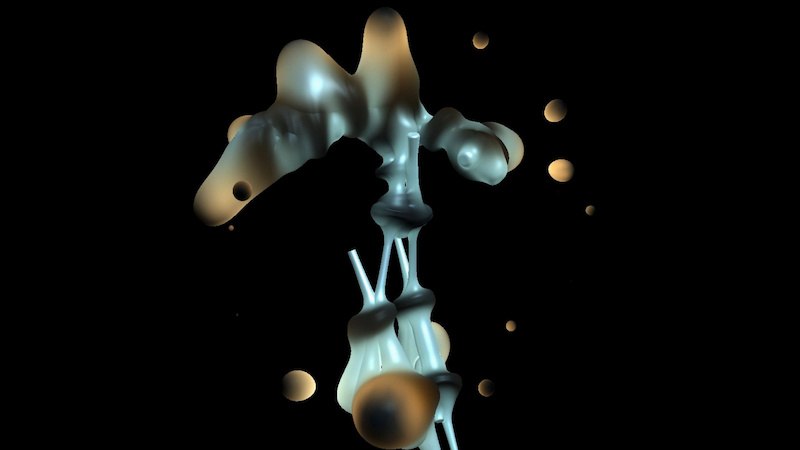 Abstrakte 3D-Kunst mit organischen Formen und schwebenden Kugeln auf schwarzem Hintergrund. Die Formen wirken flie&szlig;end und futuristisch., &copy; FITZ Das Theater animierter Formen