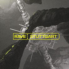 Abstrakte Grafik mit geometrischen Formen und dem Text 'RAVE STUTTGART' in gelber Schrift auf grauem Hintergrund., © links im Bild