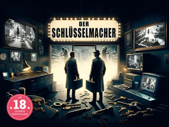 Two men in coats stand in a room full of keys. A sign above them reads 'The Key Maker'. Surveillance cameras are visible., © TeamEscape Stuttgart Two men in coats stand in a room full of keys. A sign above them reads 'The Key Maker'. Surveillance cameras are visible., © TeamEscape Stuttgart