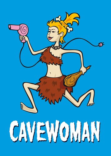 Cartoon einer H&ouml;hlenfrau mit Knochen im Haar, F&ouml;hn und Keule. Sie tr&auml;gt ein Fellkleid. Hintergrund ist blau, darunter steht 'Cavewoman'., &copy; Theaterhaus Stuttgart e.V.