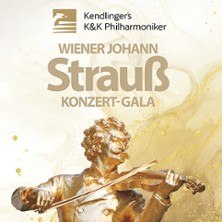 Plakat der Wiener Johann Strauß Konzert-Gala mit einer goldenen Geiger-Statue und dem Logo der K&K Philharmoniker., © links im Bild