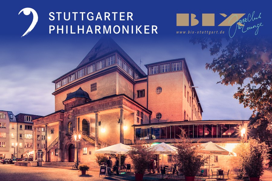 Das Gustav-Siegle-Haus in Stuttgart bei Abendd&auml;mmerung, beleuchtet mit dem BIX Jazzclub im Vordergrund. Oben Logos der Stuttgarter Philharmoniker und BIX., &copy; Christoph Kalck