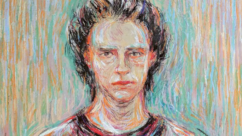 Expressionistisches Porträt eines Mannes mit ernstem Gesichtsausdruck, umgeben von bunten, vertikalen Pinselstrichen., © Ulrike Theusner, Courtesy Galerie EIGEN + ART, Leipzig/Berlin Expressionistisches Porträt eines Mannes mit ernstem Gesichtsausdruck, umgeben von bunten, vertikalen Pinselstrichen., © Ulrike Theusner, Courtesy Galerie EIGEN + ART, Leipzig/Berlin