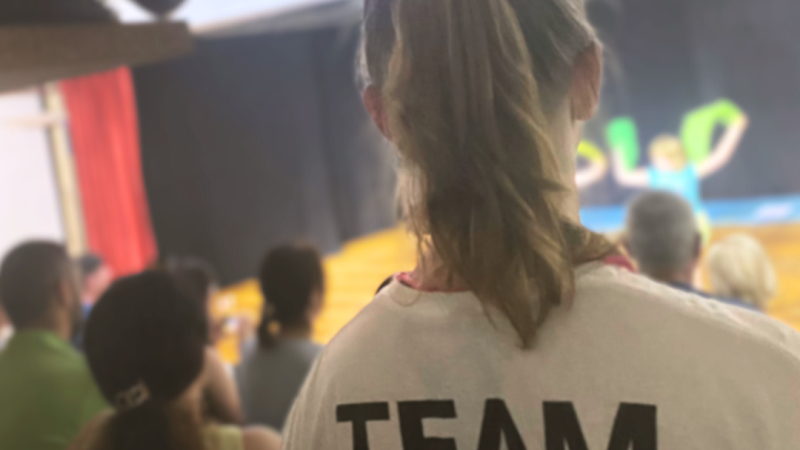Person mit TEAM-Shirt steht vor einer B&uuml;hne, auf der eine Auff&uuml;hrung stattfindet. Zuschauer sitzen im Hintergrund. Logo 'Tathea' unten rechts., &copy; Tathea - Lena Oschowitzer