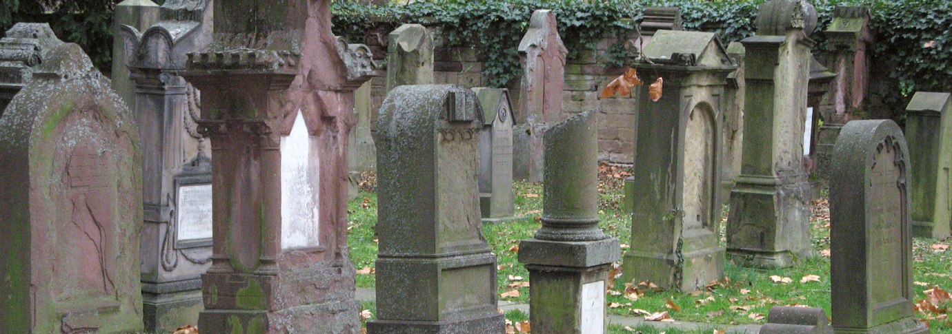 Alte, verwitterte Grabsteine auf dem Hoppenlau-Friedhof, umgeben von herbstlichem Laub und Efeu an einer Mauer., &copy; SMG