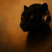 Ein schwarzer Panther trägt Kopfhörer und blickt nachdenklich in die Ferne. Der Hintergrund ist in warmen Brauntönen gehalten., © links im Bild Ein schwarzer Panther trägt Kopfhörer und blickt nachdenklich in die Ferne. Der Hintergrund ist in warmen Brauntönen gehalten., © links im Bild