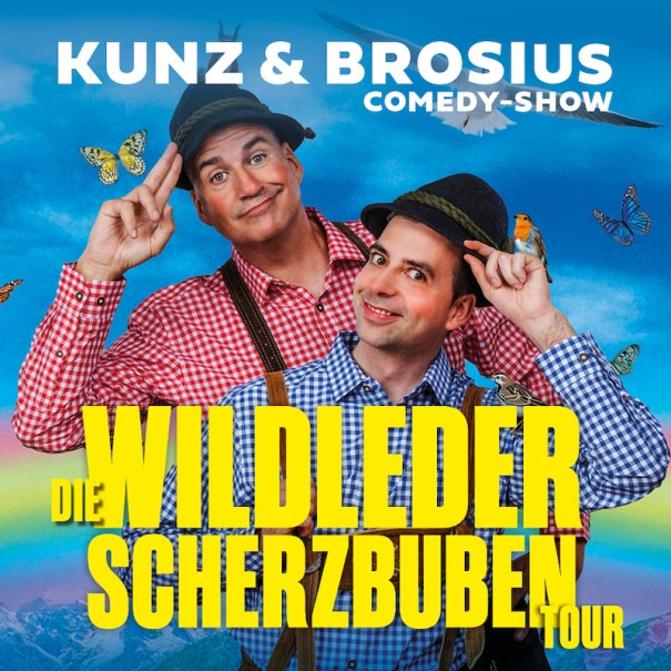 Two men in checked shirts and hats pose happily in front of a blue sky with butterflies and birds. Text: 'Kunz & Brosius Comedy-Show'., &copy; Theaterhaus Stuttgart e.V.