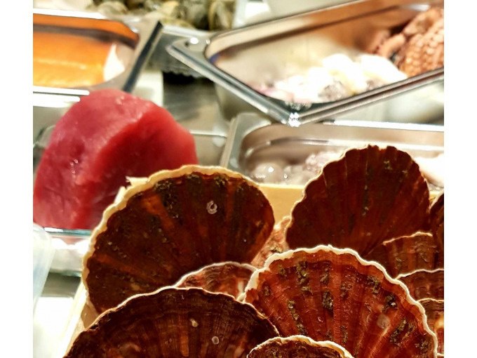 Mussel shells, fish fillets and seafood presented on a table in a cooking school., &copy; Kultweine-Kochwelten-Kunst&uuml;cke - Kochschule Sonja Lenz
