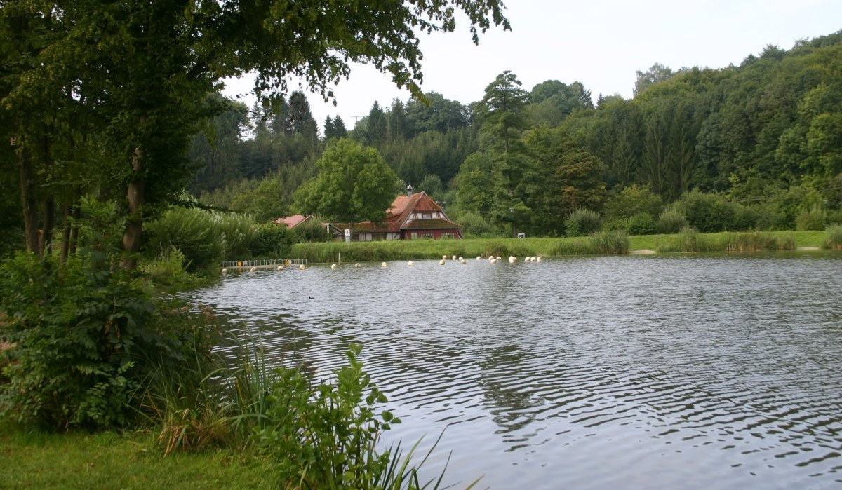 An idyllic lake with a half-timbered house in the background, surrounded by lush vegetation and trees., © Touristikgemeinschaft Hohenlohe e. V. | Susanne Schleussner An idyllic lake with a half-timbered house in the background, surrounded by lush vegetation and trees., © Touristikgemeinschaft Hohenlohe e. V. | Susanne Schleussner