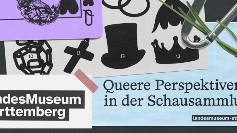 Plakat des Landesmuseums W&uuml;rttemberg mit dem Titel 'Queere Perspektiven in der Schausammlung'. Verschiedene Symbole und ein Pflanzenzweig sind abgebildet., &copy; Landesmuseum W&uuml;rttemberg, Gestaltung Matter of