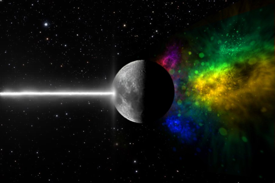 A planet in space is hit by a beam of white light that explodes into a colorful spectrum on the other side., © Planetarium Stuttgart, Starlight Productions A planet in space is hit by a beam of white light that explodes into a colorful spectrum on the other side., © Planetarium Stuttgart, Starlight Productions