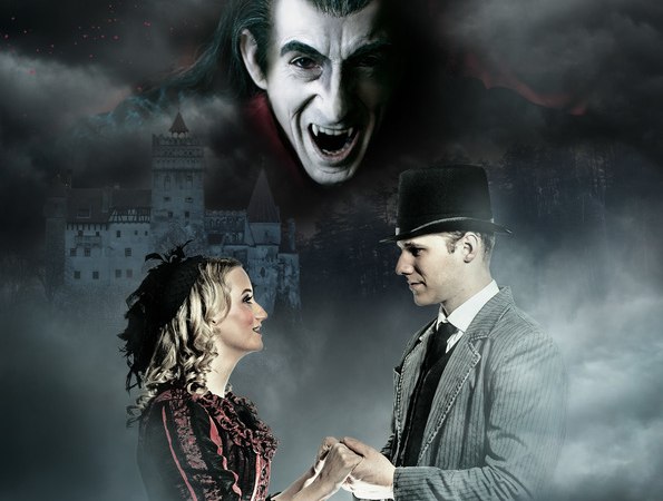 A couple in Victorian dress hold hands while a vampire's face appears above them. A castle can be seen in the background., &copy; Gruseldinner GmbH & Co. KG