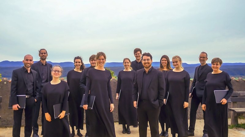 Ein Chor in schwarzer Kleidung posiert vor einer malerischen Bergkulisse. Die Gruppe wirkt harmonisch und professionell., © Stiftsmusik Stuttgart