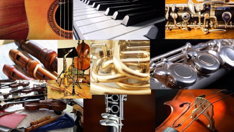 Collage mit Musikinstrumenten: Gitarre, Klavier, Fl&ouml;te, Violine, Klarinette, Trompete und Cello. Vielf&auml;ltige Darstellung klassischer Instrumente., &copy; Pixabay: Stephanie Kummert