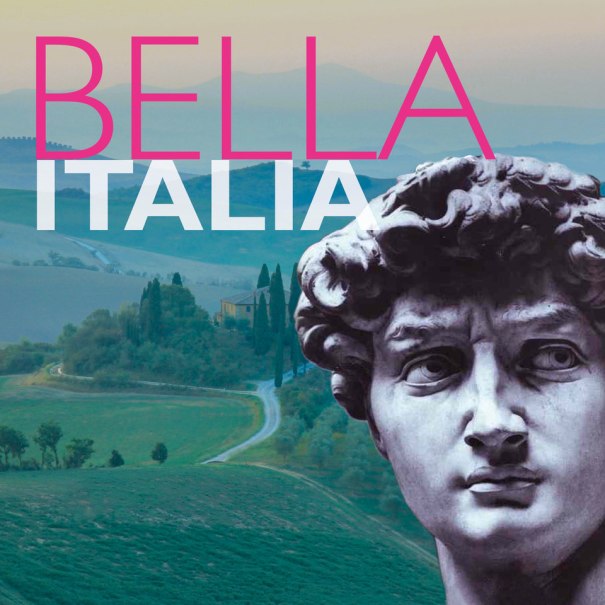 Eine Collage zeigt eine italienische Landschaft mit Zypressen und eine berühmte Statue im Vordergrund. Der Text "Bella Italia" ist darübergelegt., © Claudia Lahr