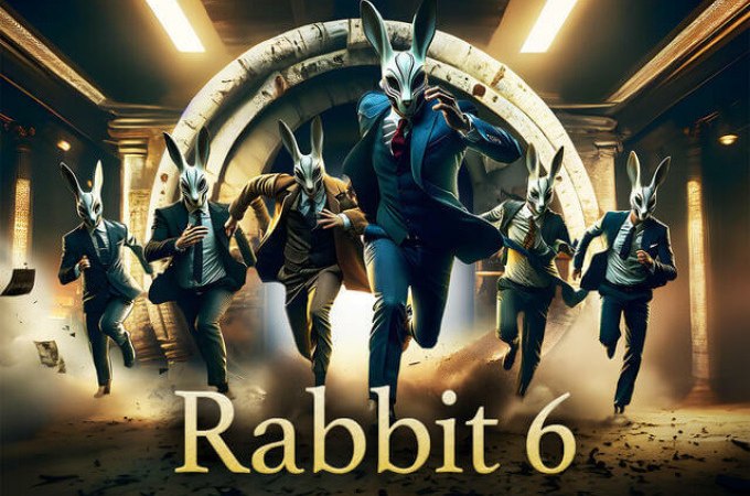 Sechs Männer in Anzügen mit Hasenmasken rennen dynamisch durch einen beleuchteten Tunnel. Der Schriftzug 'Rabbit 6' ist im Vordergrund zu sehen., © TeamEscape Stuttgart