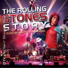 Plakat f&uuml;r "The Rolling Stones Story" mit einer Band, die auf der B&uuml;hne performt. Bunte Lichter und dynamische Posen dominieren das Bild., &copy; links im Bild