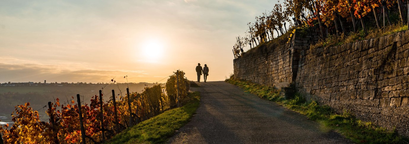 Zwei schemenhafte Personen spazieren auf einem Weinwanderweg, fotografiert im Gegenlicht der tiefstehenden Sonne. Links und rechts des Weges sind Weinreben mit buntem Herbstlaub., © SMG, Frank Hoerner