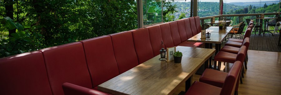 Outdoor area with red benches and wooden tables, surrounded by trees. In the background, a view of green hills and a blue sky., © Rotenberger Weingärtle, Frederik Garlin