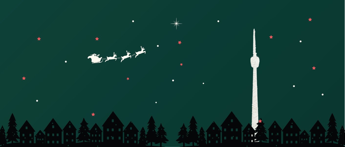 Christmas scene with sleigh and reindeer in the night sky above a town with fir trees and a tall tower., © StadtPalais Museum für Stuttgart Christmas scene with sleigh and reindeer in the night sky above a town with fir trees and a tall tower., © StadtPalais Museum für Stuttgart