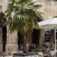 Café mit Tischen und Stühlen unter Sonnenschirmen vor einem historischen Gebäude mit Arkaden. Palmen und Menschen im Außenbereich., © SMG, Sarah Schmid